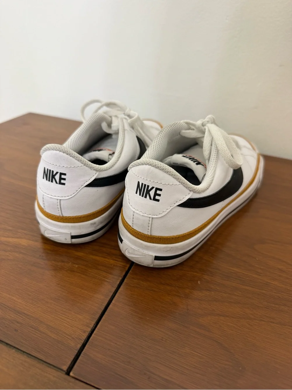 {5Y} Nike Court Legacy White Black & Gold Low-Top Sneakers